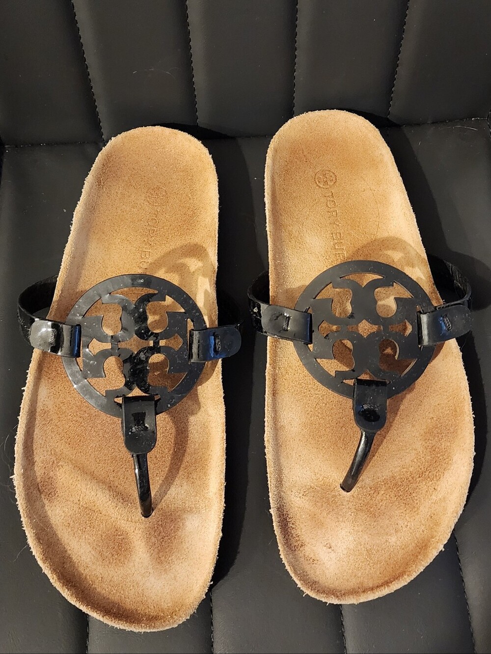 Tory Burch Black Logo Thong Sandals with Tan Footbed